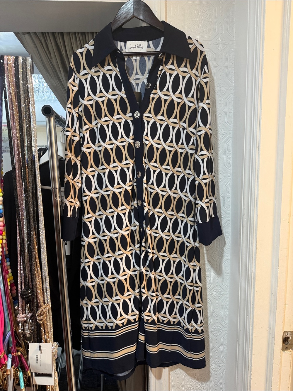 Joseph Ribkoff Navy & Cream Geometric Button-Front Dress